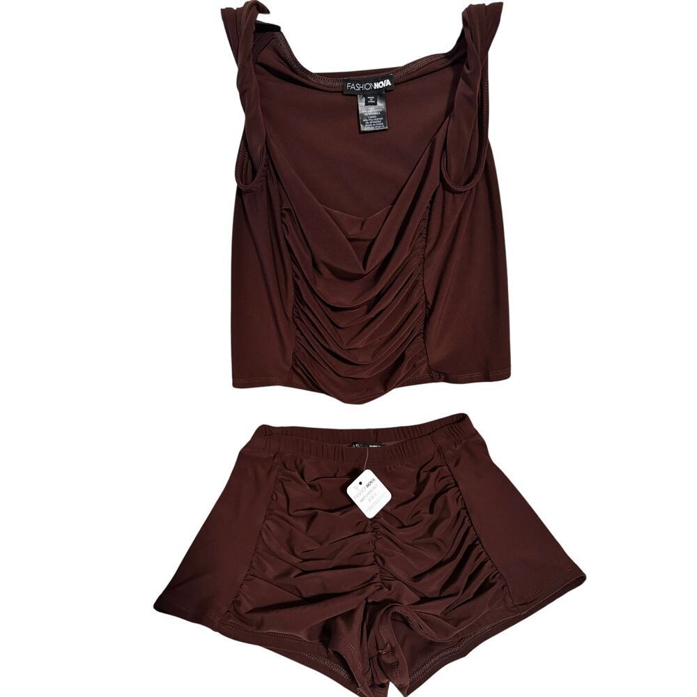 2 pc mini short set draped cowl neck ruched detail thick shoulder straps New